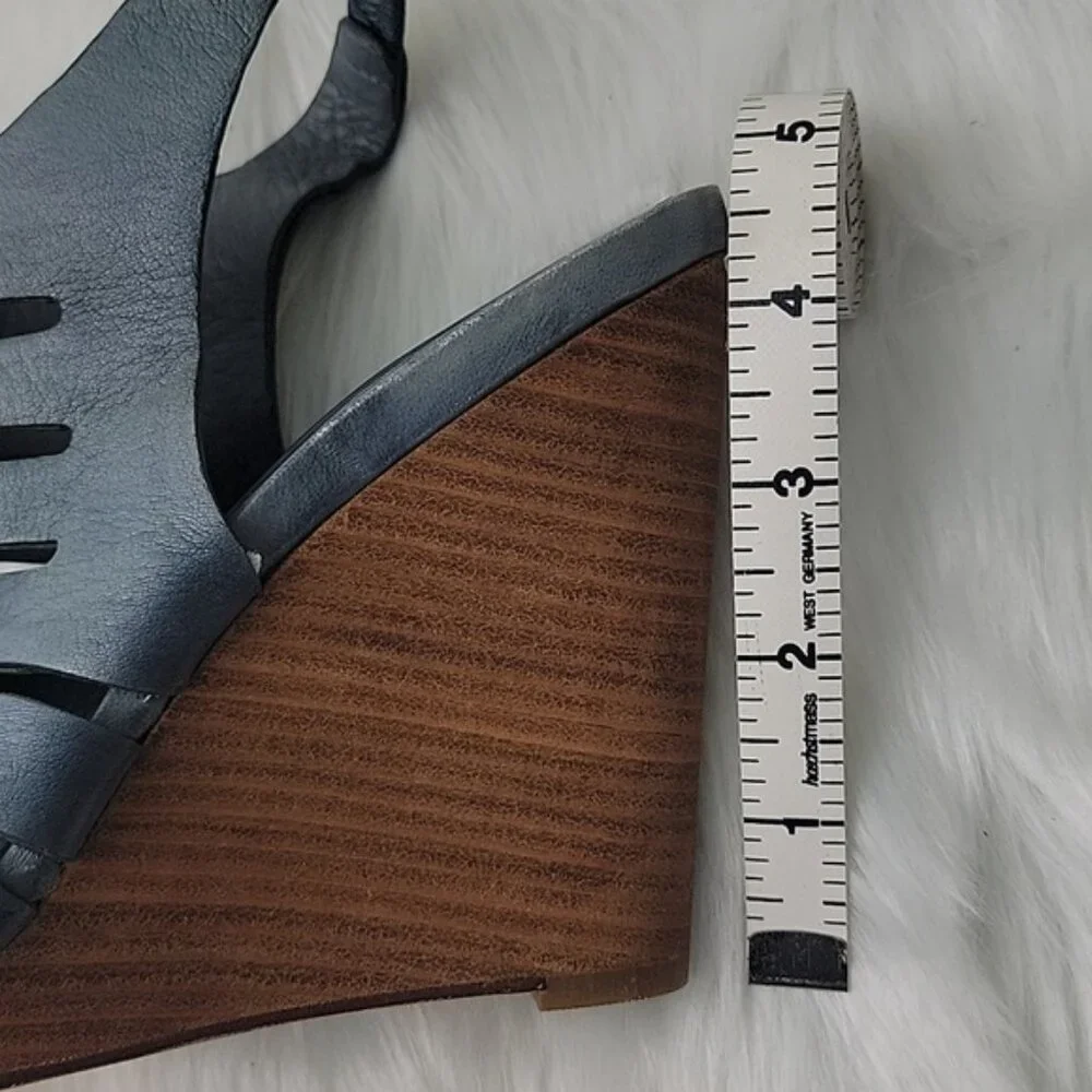 COLE HAAN Gray Blue Lace Up Cut Out Peep Toe Sling Back Wedge Sandal Heels 8 NeW